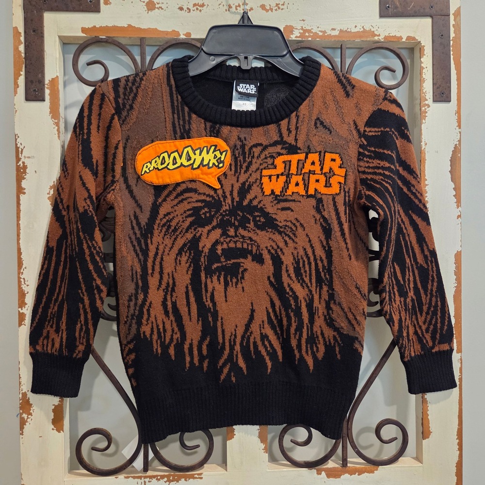 Star Wars Chewbacca Knit Sweater Kids XS Brown Black RRRRRWWWR Patch Pullover